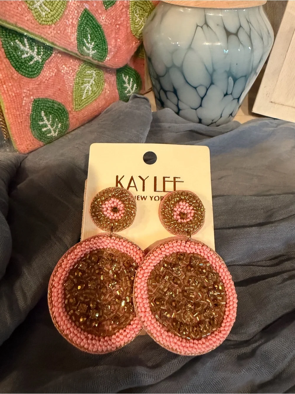 Pink and Gold Circle Bead Drop  Statement Earrings by Kay Lee  Mew York handmade